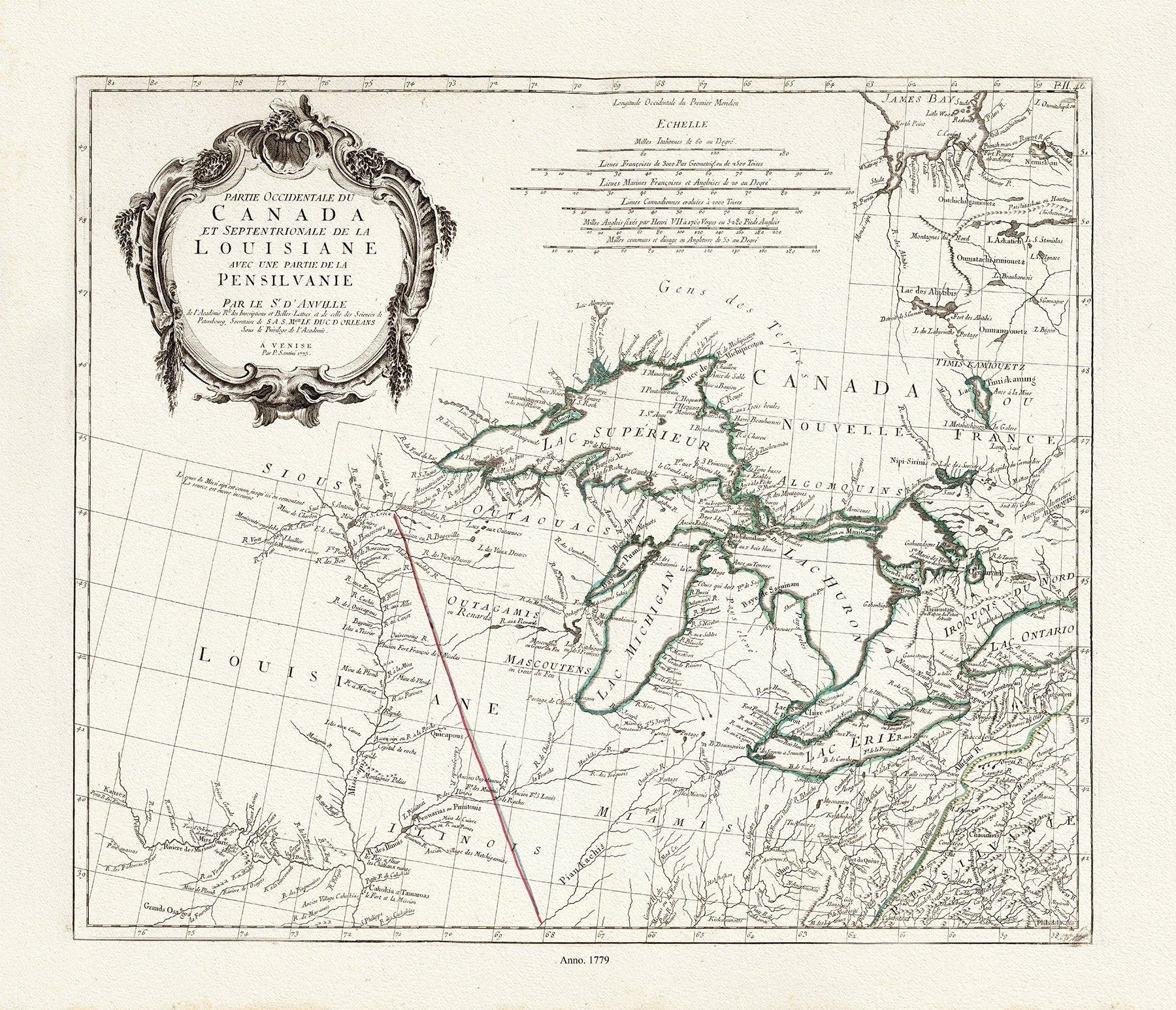 apres Vaugondy, Partie Occidentale du Canada et Septentrionale de la Louisiane, 1779, map on heavy cotton canvas, 50x70cm (20 x 25") approx. - The Map Chest