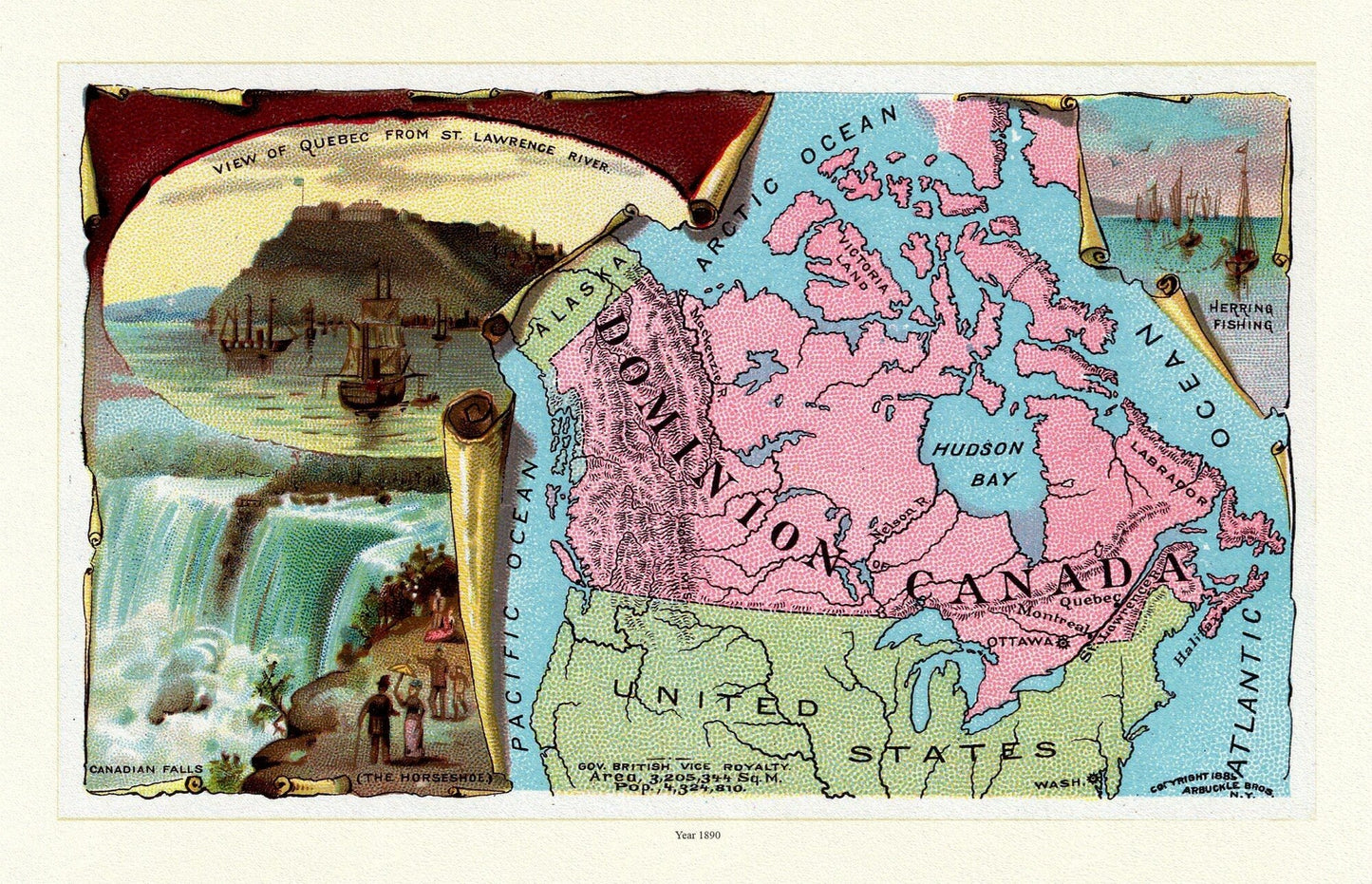 Arbuckle's Illustrated Atlas, Canada, 1890, map on durable cotton canvas, 50 x 70 cm, 20 x 25" approx. - The Map Chest