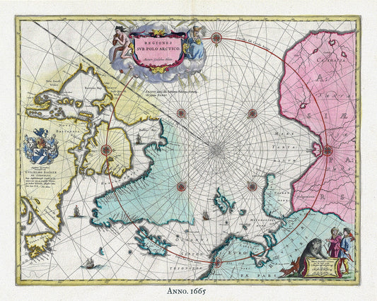 Arctic, 1665, Blaeu auth , map on heavy cotton canvas, 50 x 70cm, 20 x 25" approx. - The Map Chest