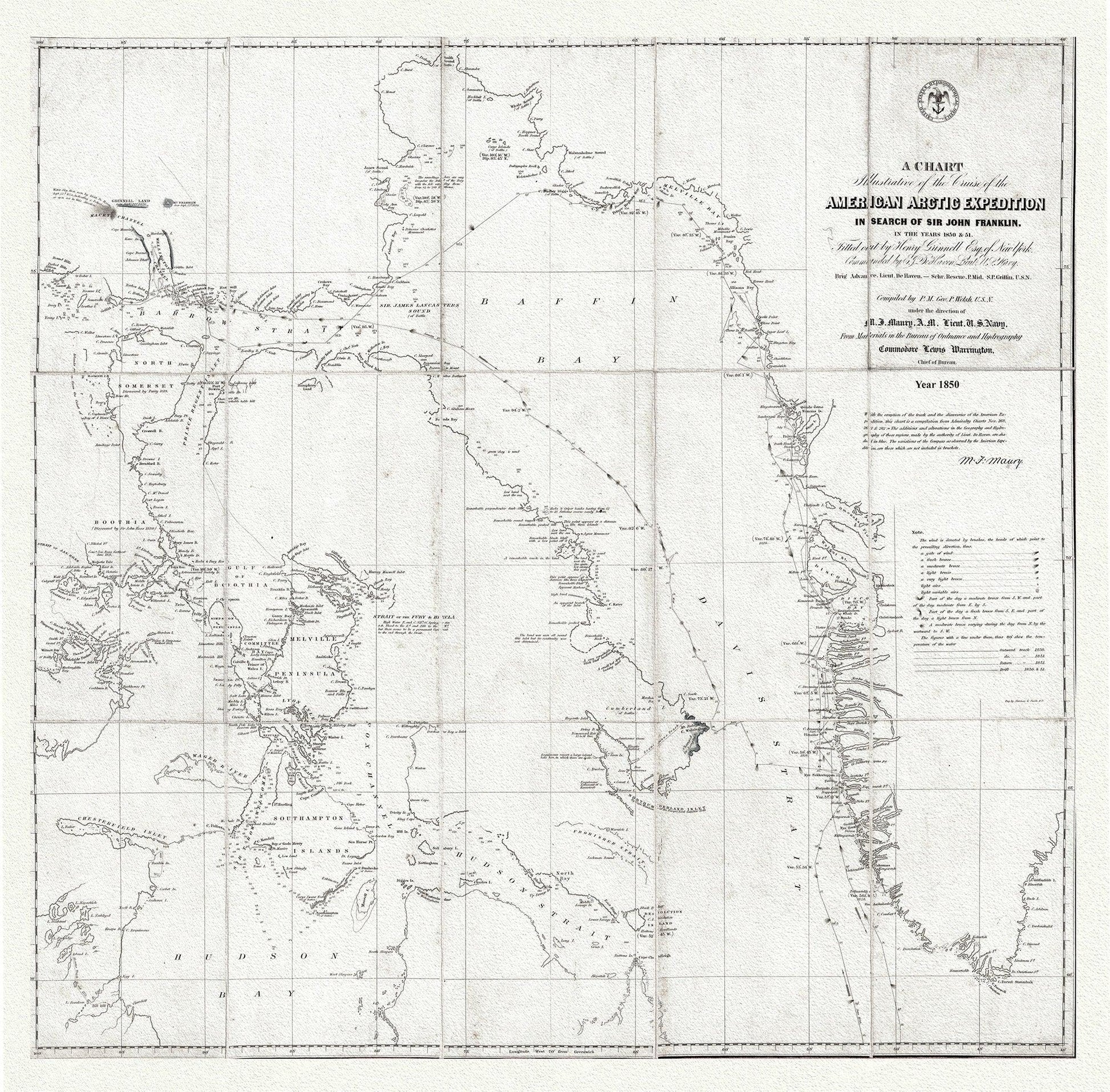 Arctic Expedition in Search of Sir John Franklin, 1850 Ver.2 , map on heavy cotton canvas, 22x27" approx. - The Map Chest