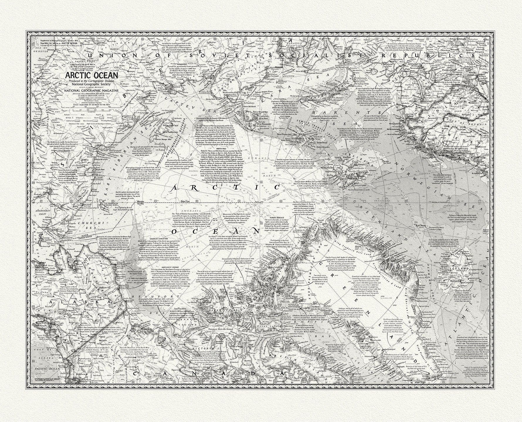 Arctic Ocean, National Geographic, 1971, map on heavy cotton canvas, 50 x 70 cm, 20 x 25" approx. - The Map Chest