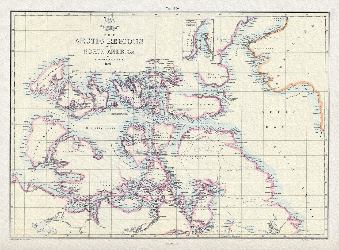 Arctic Regions of North America, 1866, Weller auth. , map on durable cotton canvas, 50 x 70 cm, 20 x 25" approx. - The Map Chest