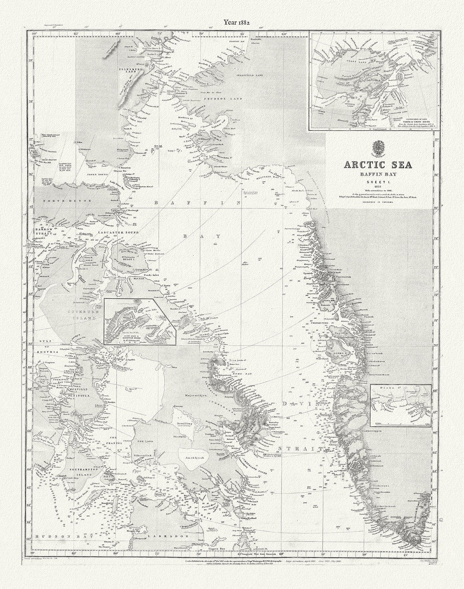 Arctic Sea. Baffin Bay, sheet 1 to 1853, with corrections to 1881, map on durable cotton canvas, 50 x 70 cm, 20 x 25" approx. - The Map Chest