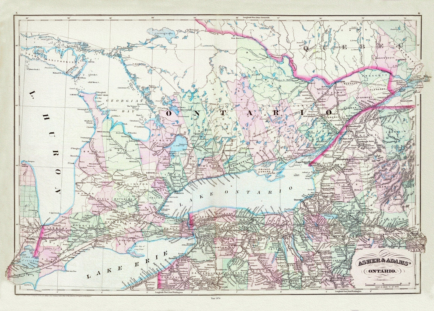 Asher & Adams, Ontario, 1872 , map on heavy cotton canvas, 22x27" approx. - The Map Chest