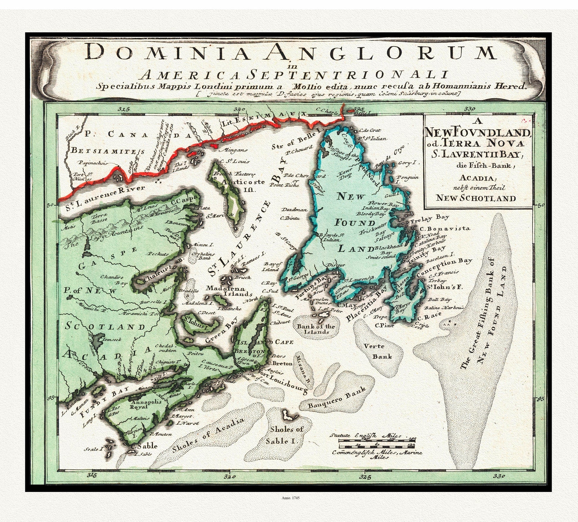 Atlantic Canada, Bellin auth., 1745 , map on heavy cotton canvas, 50 x 70cm, 20 x 25" approx. - The Map Chest