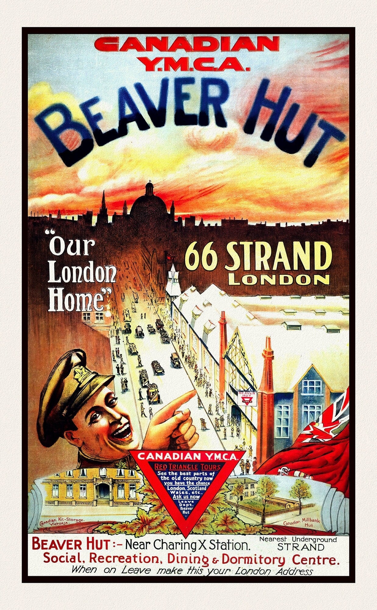 Beaver Hut, Canadian YMCA in London, on durable cotton canvas, 50 x 70 cm, 20 x 25" approx. - The Map Chest