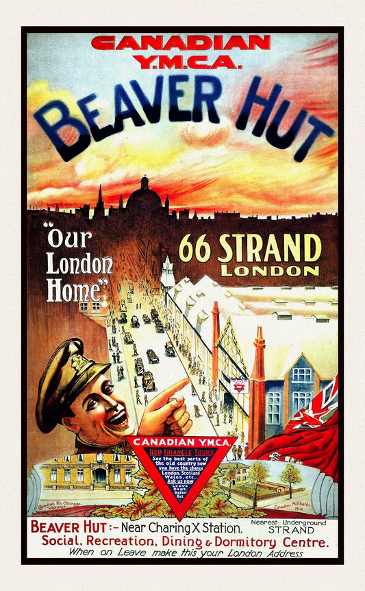 Beaver Hut, Canadian YMCA in London, on durable cotton canvas, 50 x 70 cm, 20 x 25" approx. - The Map Chest