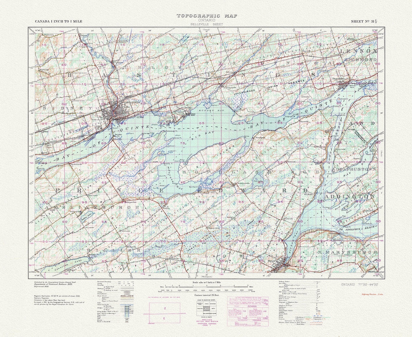 Belleville, Ontario, A Topographic Map, 1938 , map on durable cotton canvas, 50 x 70 cm, 20 x 25" approx. - The Map Chest