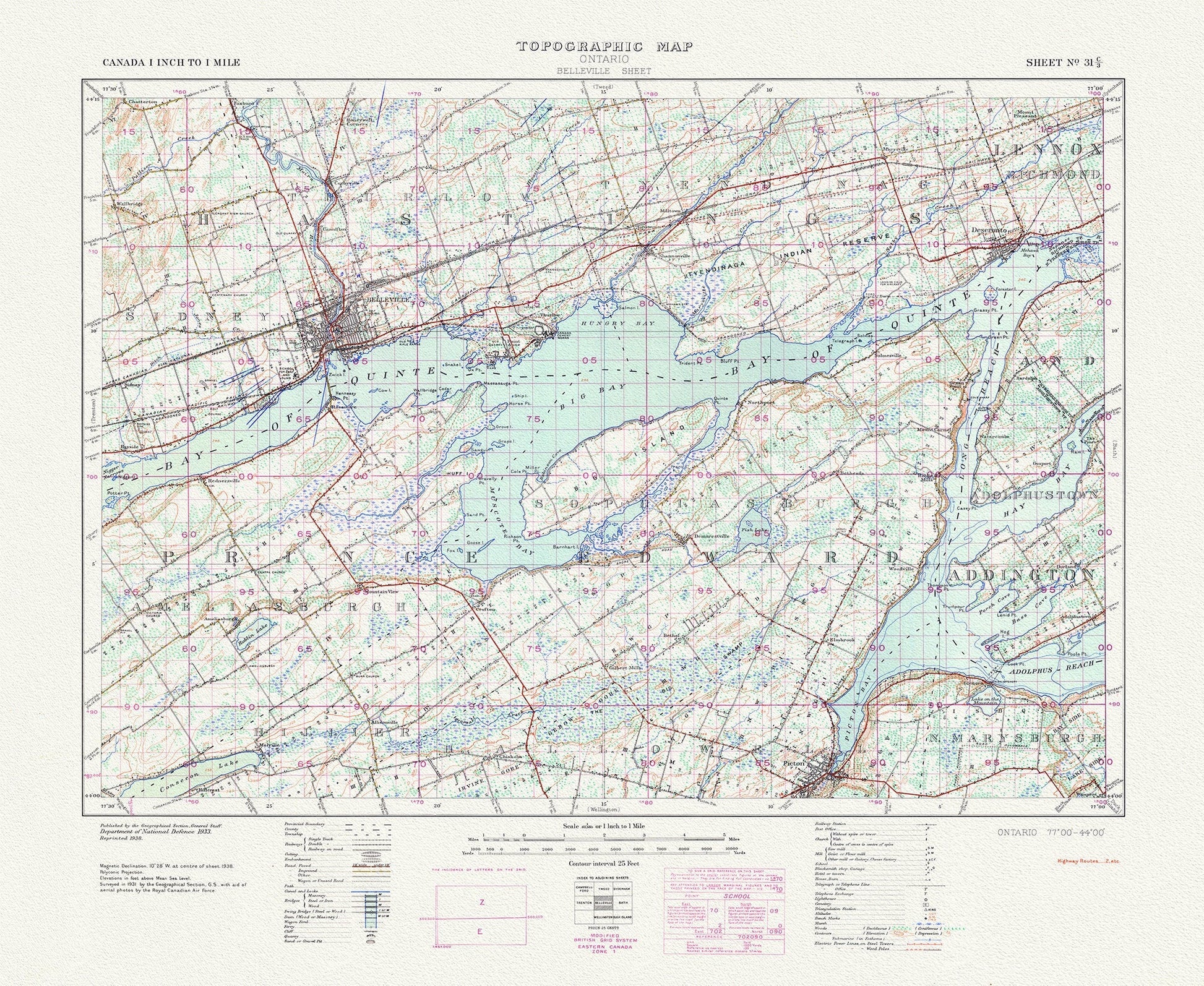 Belleville, Ontario, A Topographic Map, 1938 , map on durable cotton canvas, 50 x 70 cm, 20 x 25" approx. - The Map Chest