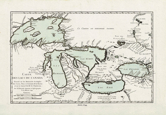 Bellin, Carte des lacs du Canada, 1744 Ver. III, map on heavy cotton canvas, 22x27" approx. - The Map Chest