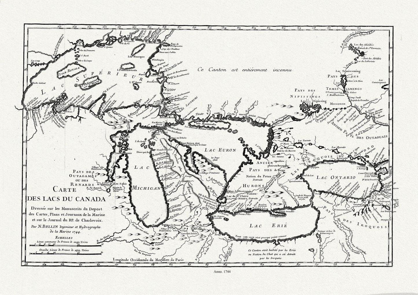 Bellin, Carte des lacs du Canada, Dressée sur les manuscrits du depost des cartes,1744, map on heavy cotton canvas, 50x70cm approx. - The Map Chest