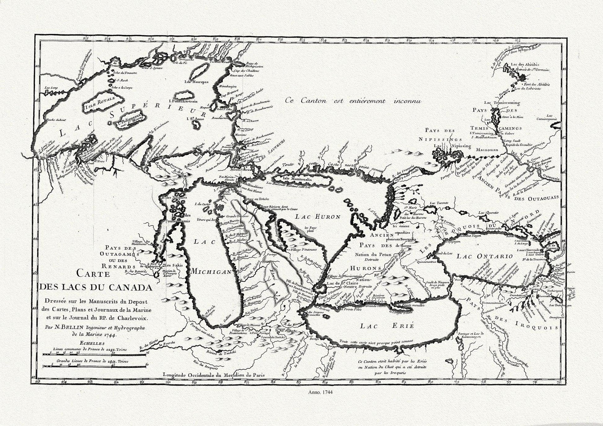 Bellin, Carte des lacs du Canada, Dressée sur les manuscrits du depost des cartes,1744, map on heavy cotton canvas, 50x70cm approx. - The Map Chest