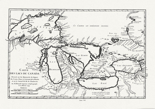 Bellin, Carte des lacs du Canada, Dressée sur les manuscrits du depost des cartes,1744, map on heavy cotton canvas, 50x70cm approx. - The Map Chest