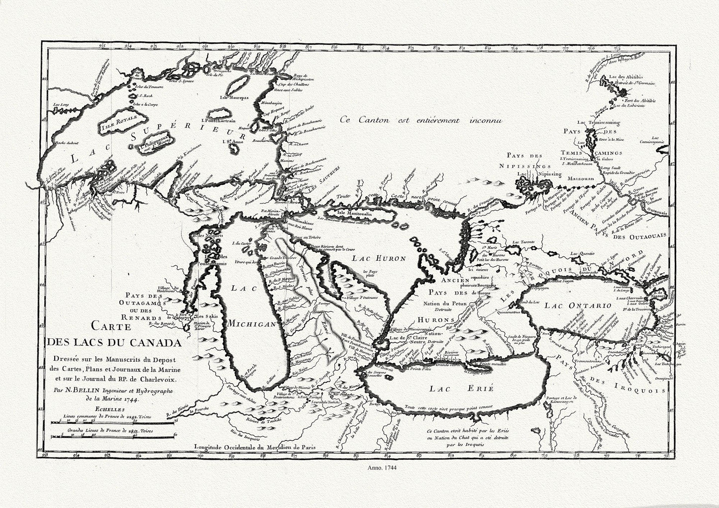 Bellin, Carte des lacs du Canada, Dressée sur les manuscrits du depost des cartes,1744, map on heavy cotton canvas, 50x70cm approx. - The Map Chest