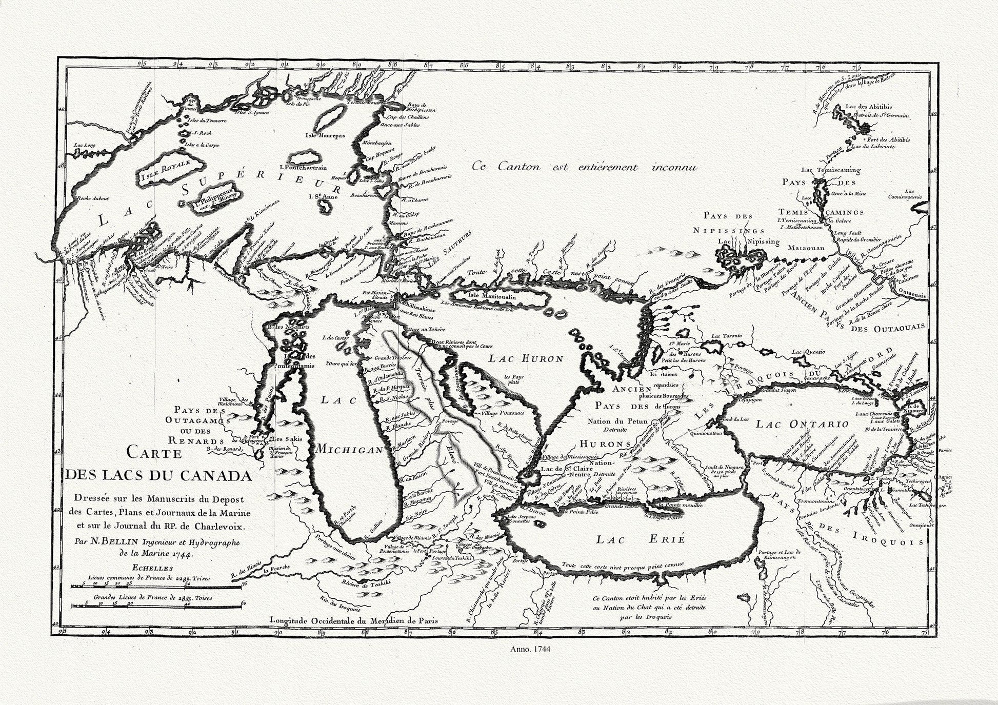 Bellin, Carte des lacs du Canada, Dressée sur les manuscrits du depost des cartes,1744, map on heavy cotton canvas, 50x70cm approx. - The Map Chest