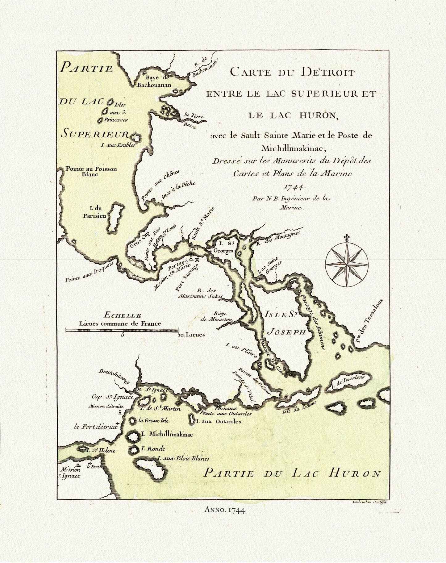 Bellin, Carte du Detroit entre le Lac Superieur et Huron, avec le Sault Ste. Marie, 1744, map on heavy cotton canvas, 50x70cm approx. - The Map Chest