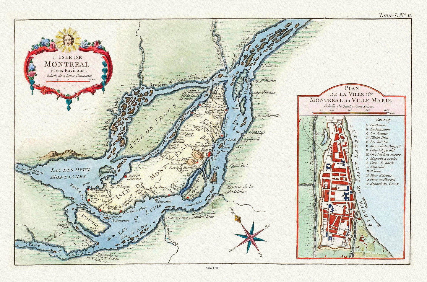 Bellin (Jacques Nicolas, 1703 - 1772), L'Isle de Montreal, et ses environs, 1764 Ver. C, map on heavy cotton canvas, 20x27" approx. - The Map Chest