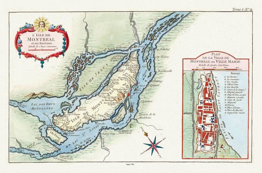 Bellin (Jacques Nicolas, 1703 - 1772), L'Isle de Montreal, et ses environs, 1764 Ver. C, map on heavy cotton canvas, 20x27" approx. - The Map Chest