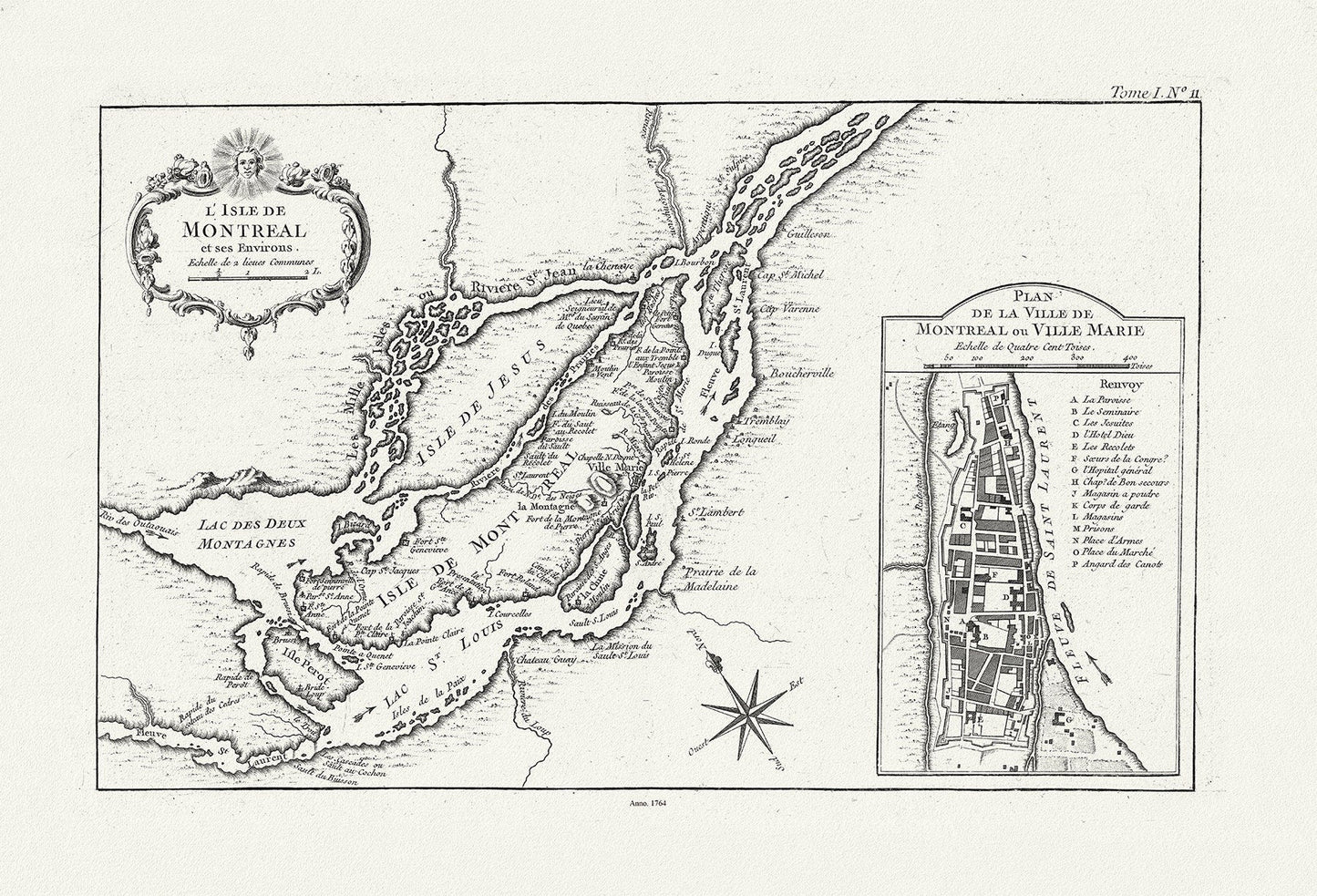 Bellin, L'Isle de Montreal, et ses environs, 1764 , map on heavy cotton canvas, 22x27" approx. - The Map Chest