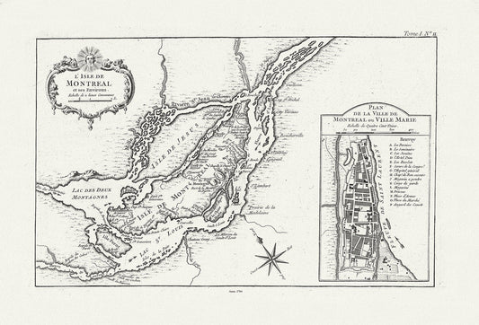Bellin, L'Isle de Montreal, et ses environs, 1764 , map on heavy cotton canvas, 22x27" approx. - The Map Chest