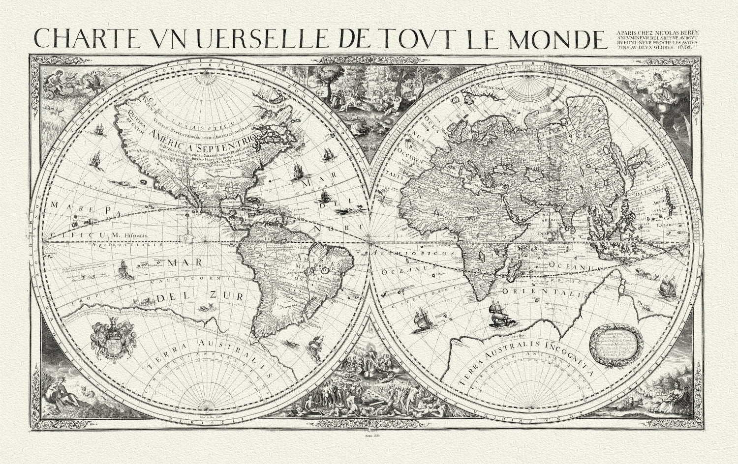 Berey, Un Charte universelle de tout le monde, 1650, Map on heavy cotton canvas, 22x27in. approx. - The Map Chest