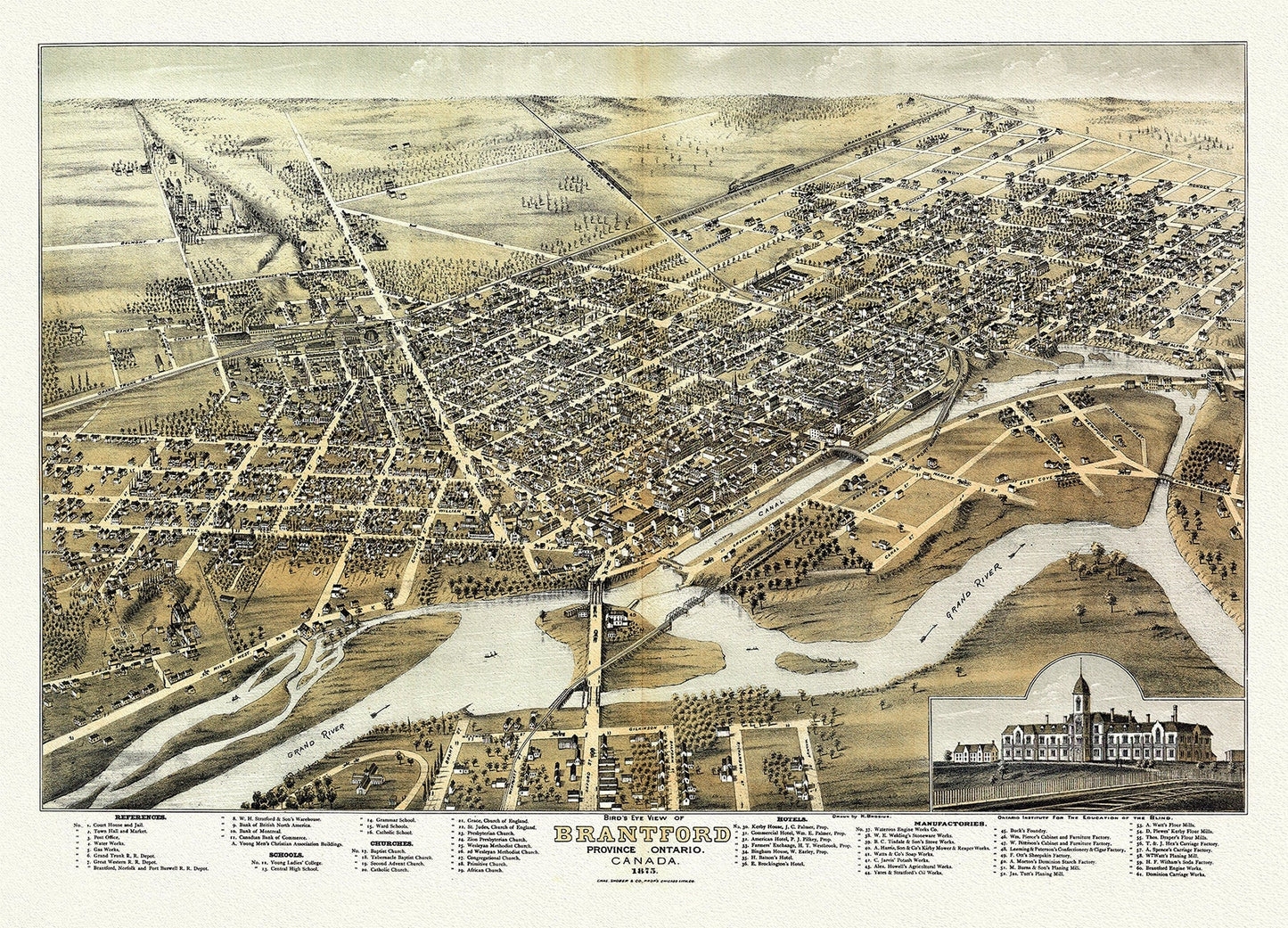 Bird's eye view of Brantford, Province of Ontario, Canada, 1875, map on heavy cotton canvas, 22x27" approx. - The Map Chest