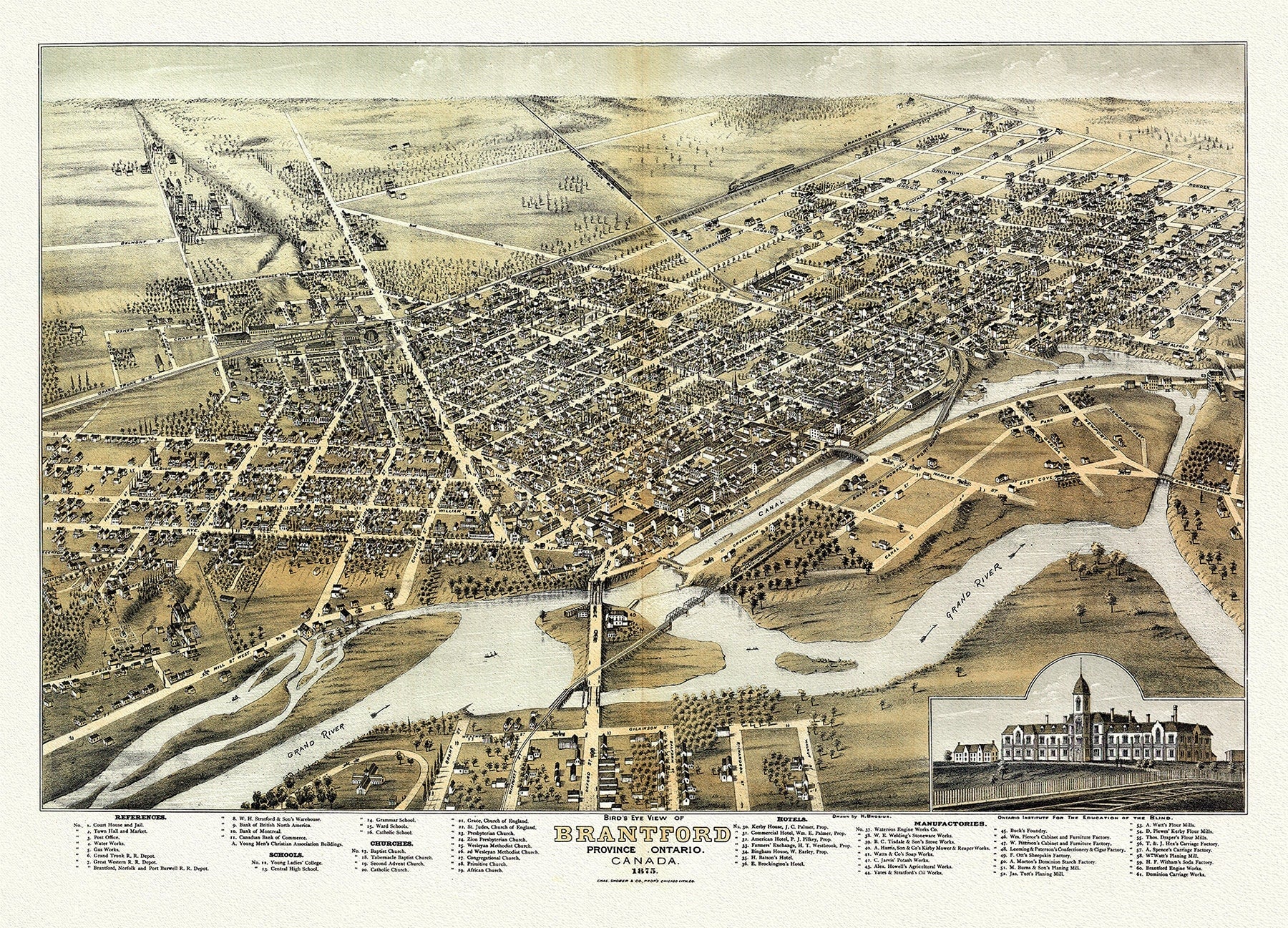 Bird's eye view of Brantford, Province of Ontario, Canada, 1875, map on heavy cotton canvas, 22x27" approx. - The Map Chest