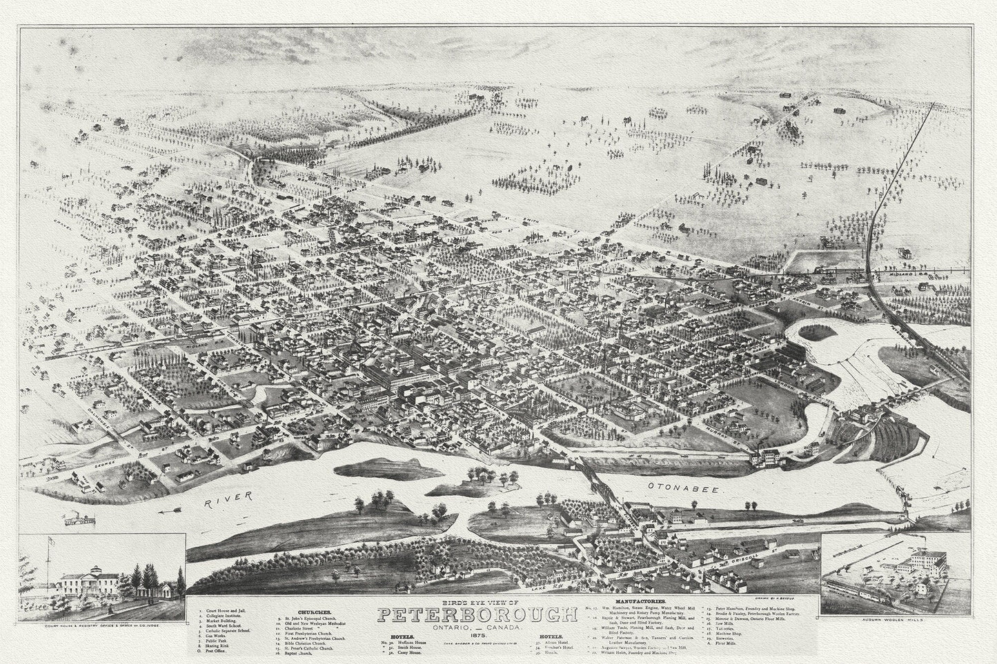 Bird's eye view of Peterborough, Ontario, Canada, 1875, map on durable cotton canvas, 50 x 70 cm, 20 x 25" approx. - The Map Chest