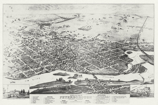 Bird's eye view of Peterborough, Ontario, Canada, 1875, map on durable cotton canvas, 50 x 70 cm, 20 x 25" approx. - The Map Chest