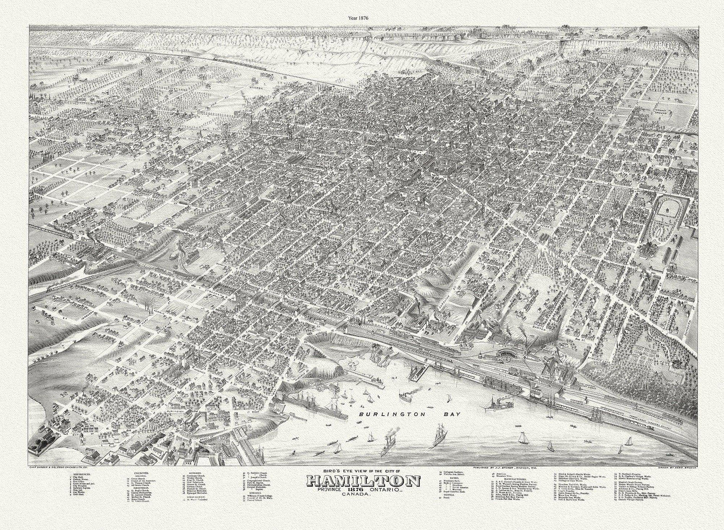 Bird's eye view of the City of Hamilton, Ontario, 1876 , map on durable cotton canvas, 50 x 70 cm, 20 x 25" approx. - The Map Chest