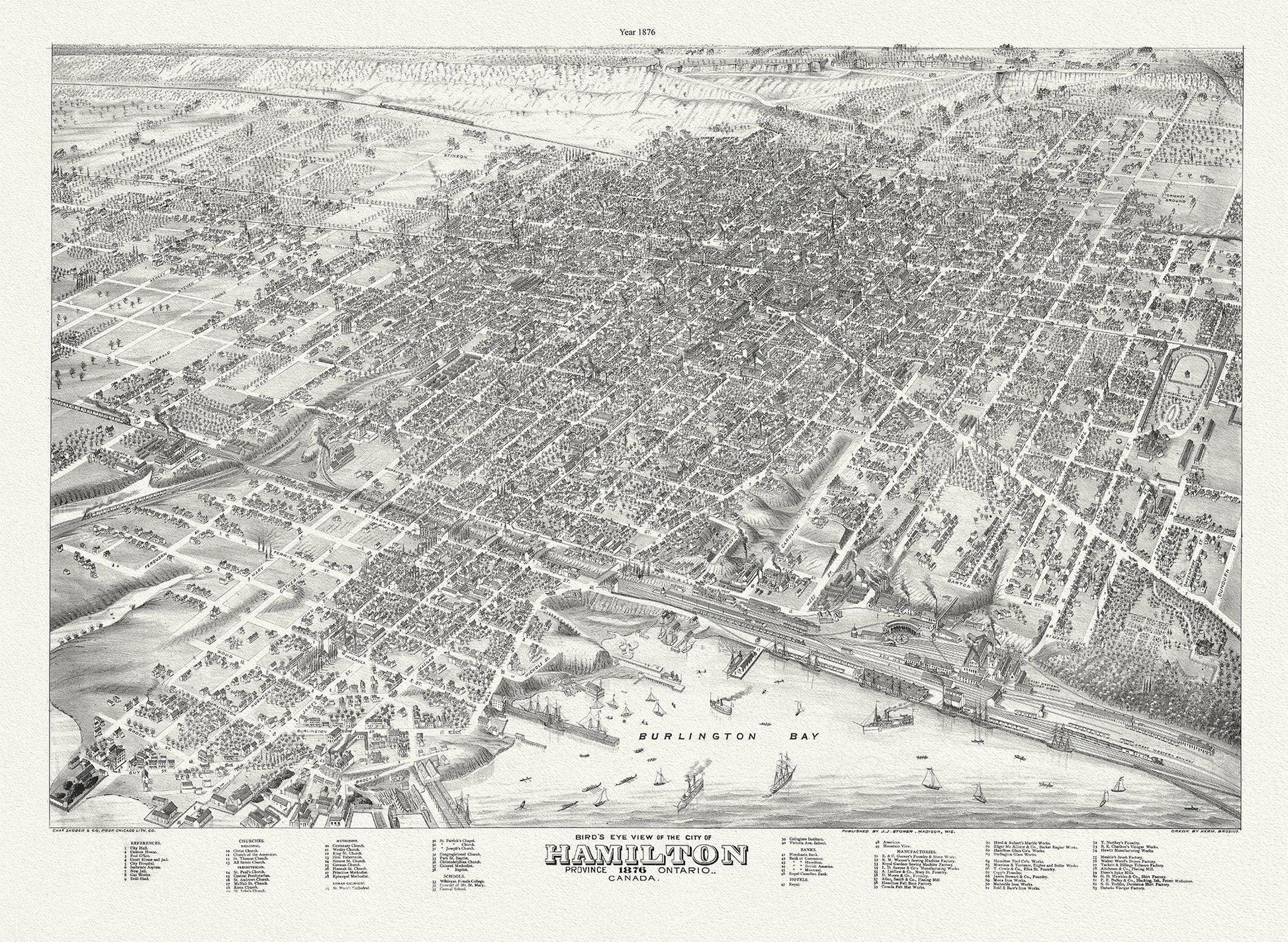 Bird's eye view of the City of Hamilton, Ontario, 1876 , map on durable cotton canvas, 50 x 70 cm, 20 x 25" approx. - The Map Chest