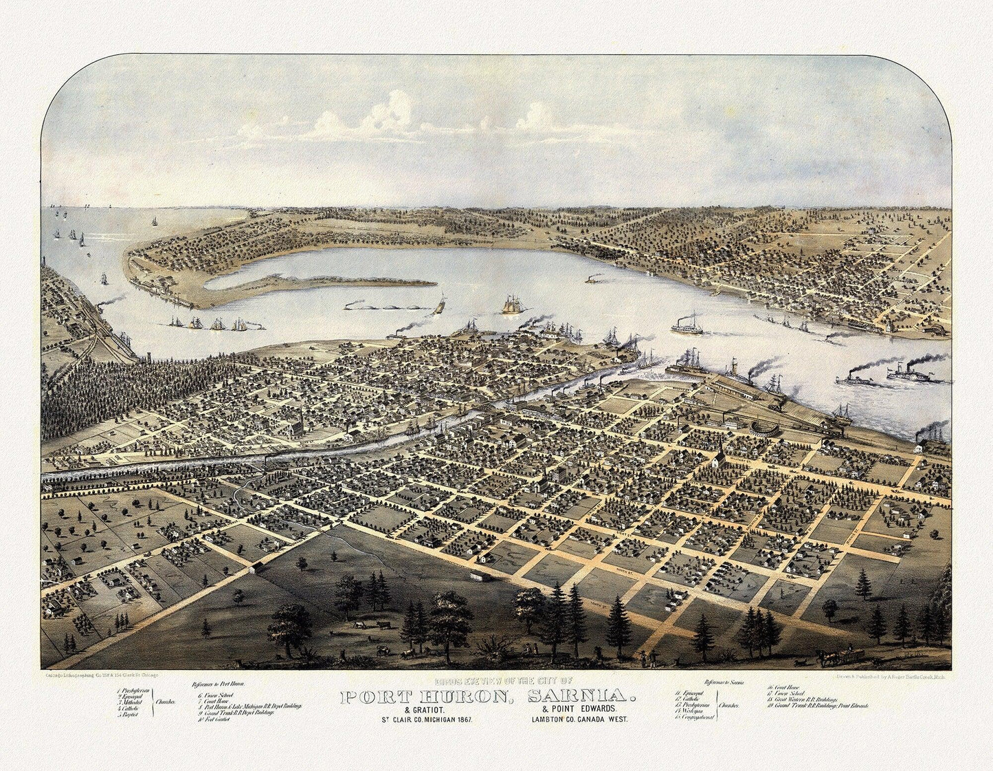 Birds eye view of the city of Port Huron, Sarnia, St. Clair Co., Michigan et Point Edwards, Lambton Co., Canada West, 1867, canvas, 22x27" - The Map Chest