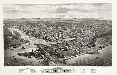 Bird's - eye view of Victoria, Vancouver Island, B.C., 1878, on heavy cotton canvas, 22x27" approx. - The Map Chest