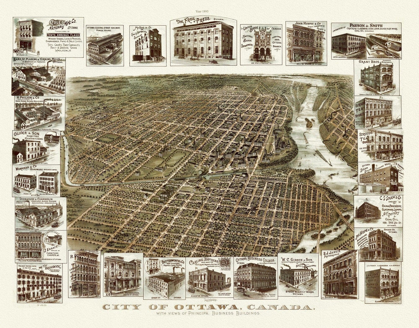 Birdseye View of the City of Ottawa, 1895, on heavy cotton canvas, approx. 22x27" - The Map Chest