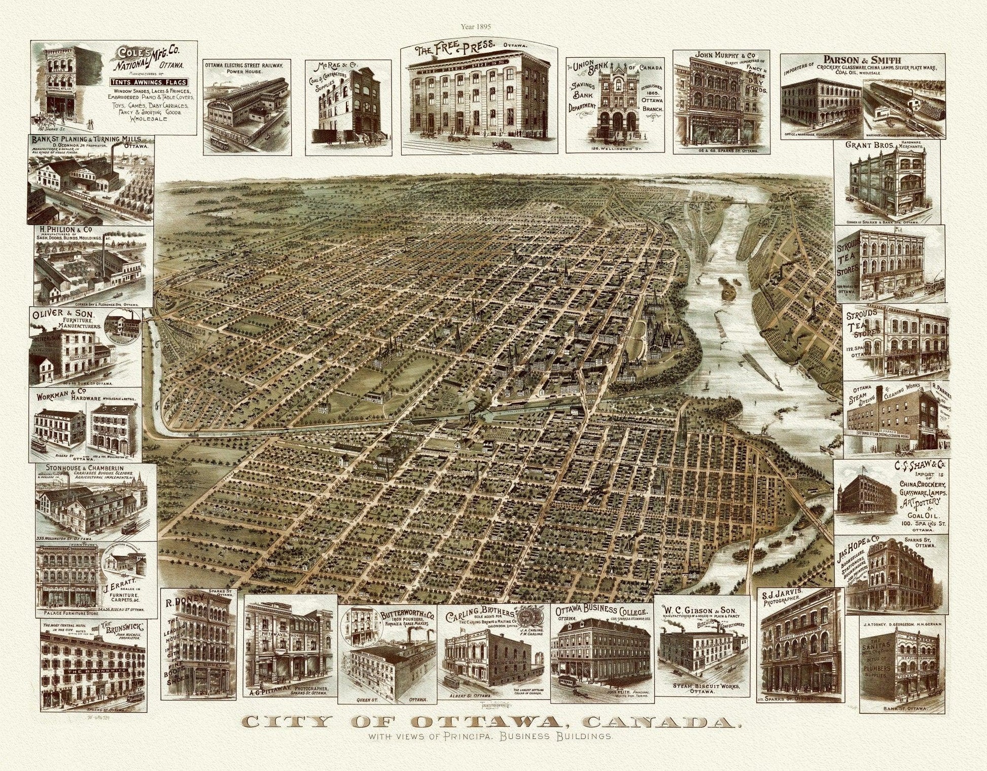 Birdseye View of the City of Ottawa, 1895, on heavy cotton canvas, approx. 22x27" - The Map Chest