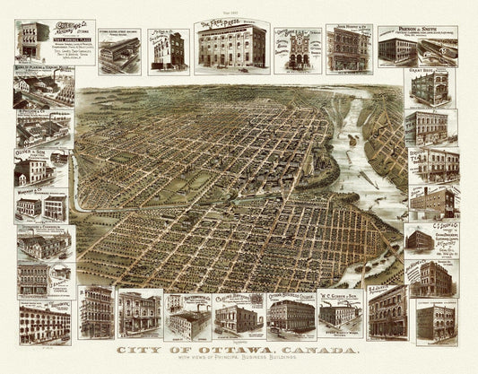 Birdseye View of the City of Ottawa, 1895, on heavy cotton canvas, approx. 22x27" - The Map Chest