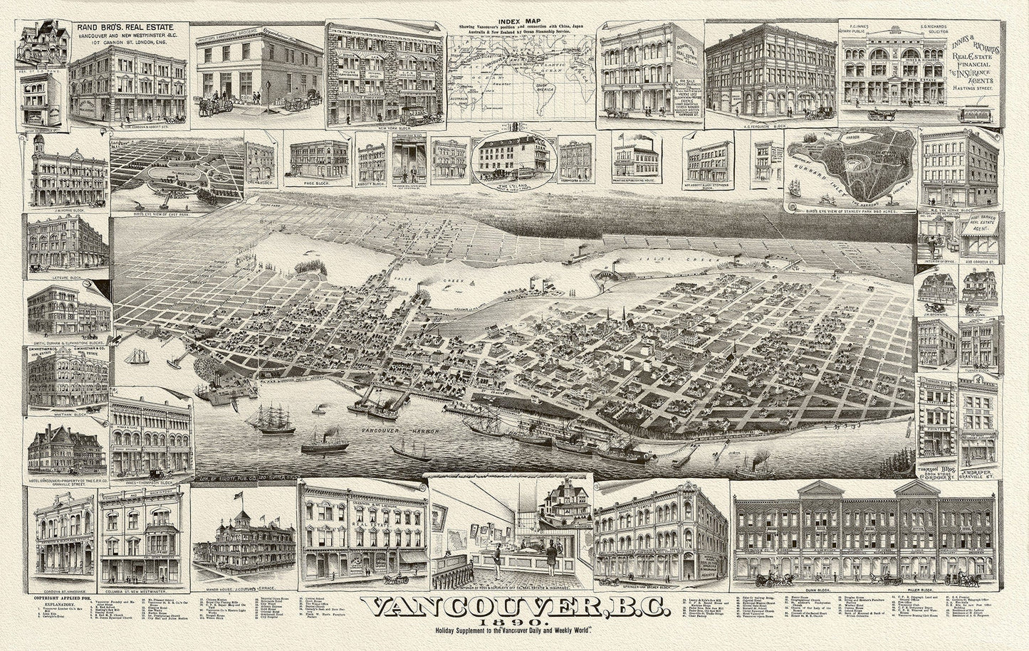 Birdseye View of Vancouver, British Columbia, 1890, on heavy canvas, 22x27" - The Map Chest