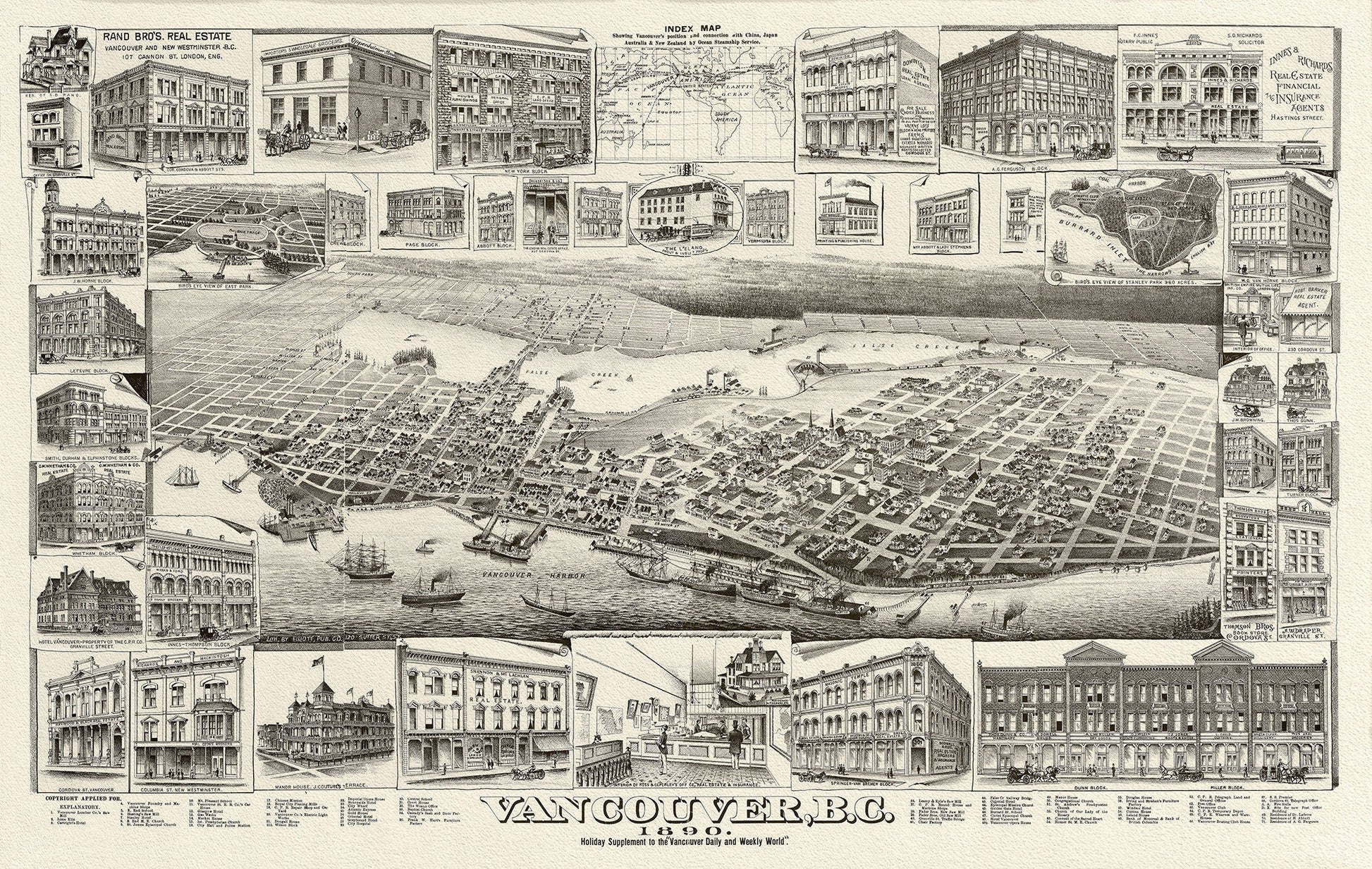 Birdseye View of Vancouver, British Columbia, 1890, on heavy canvas, 22x27" - The Map Chest