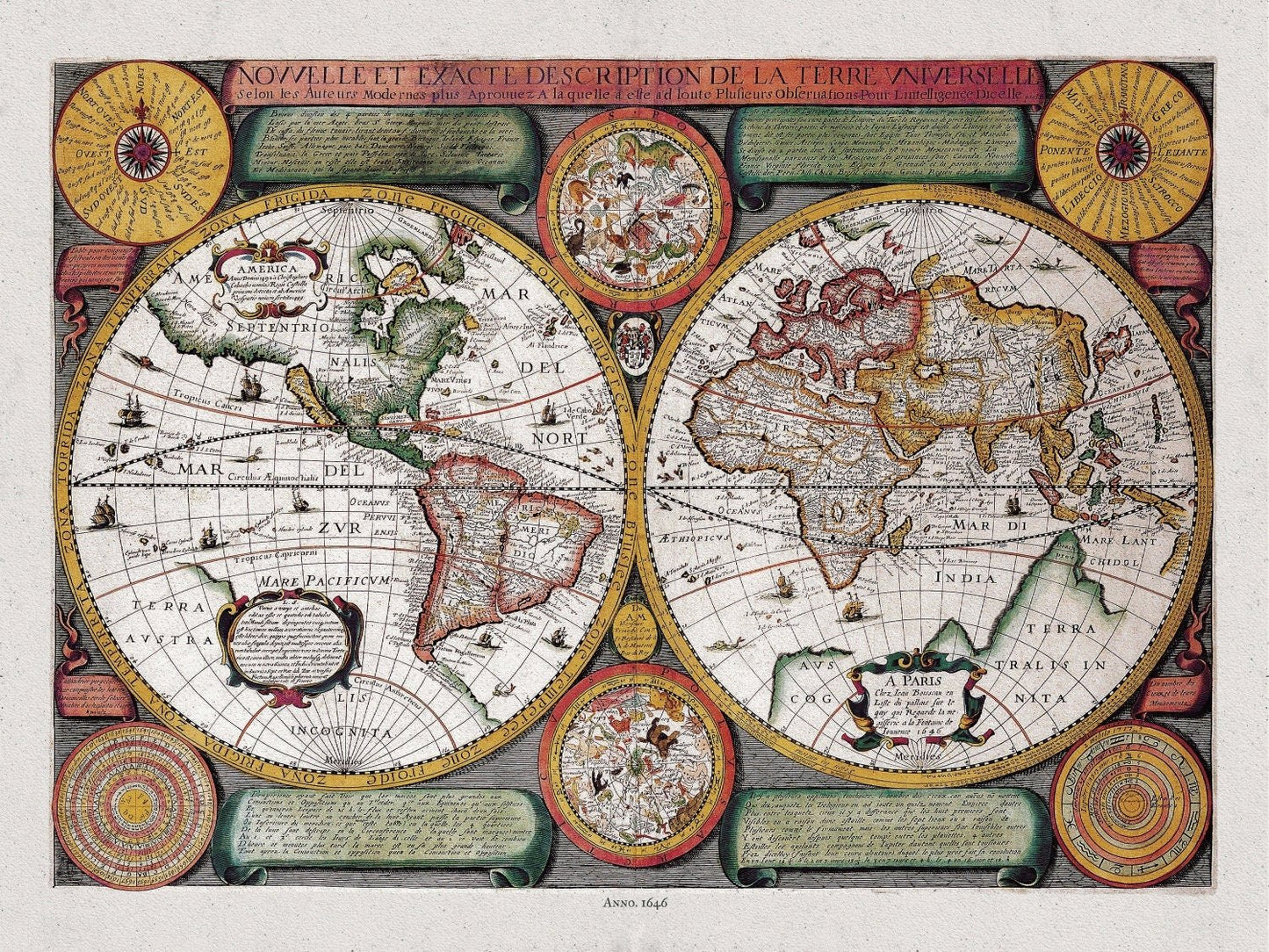 Boisseau, Nouvelle Exacte Description de la Terre Universelle, 1646 D, Map on heavy cotton canvas, 22x27in. approx. - The Map Chest