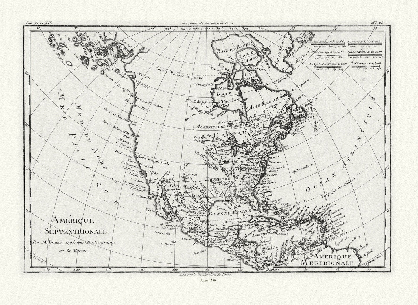 Bonne, Amérique septentrionale, 1780, map on heavy cotton canvas, 22x27" approx. - The Map Chest