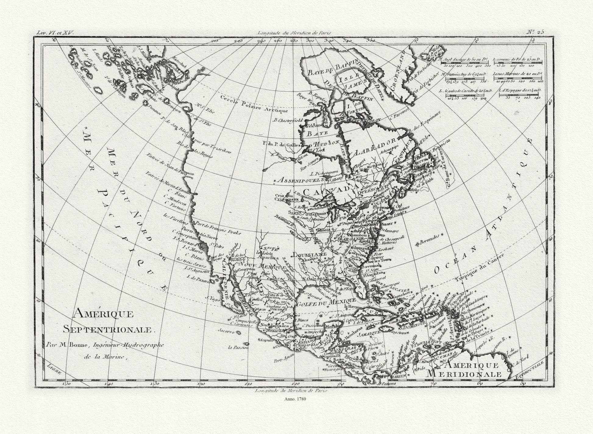 Bonne, Amérique septentrionale, 1780, map on heavy cotton canvas, 22x27" approx. - The Map Chest