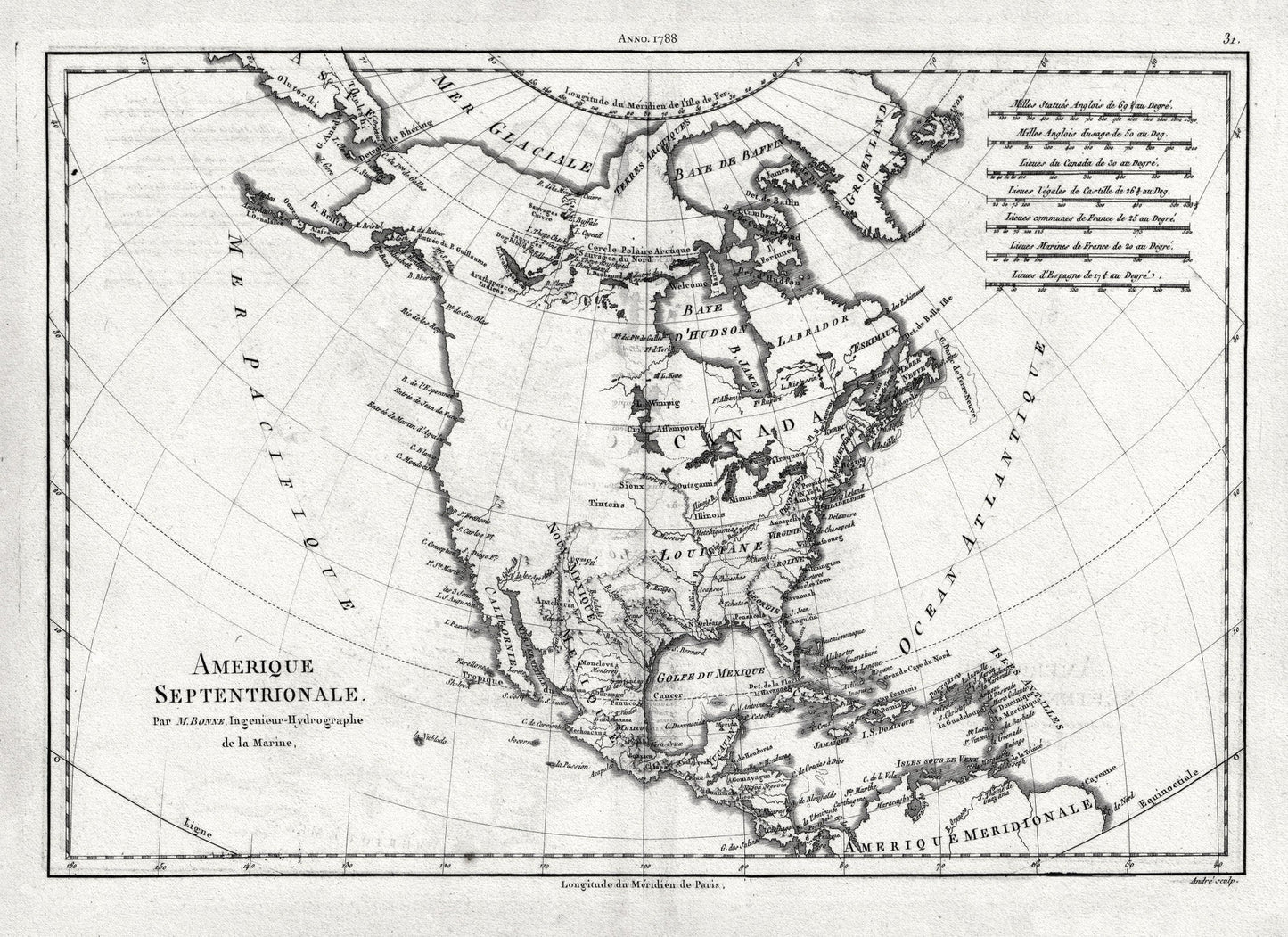 Bonne, Amérique septentrionale, 1788 , map on heavy cotton canvas, 22x27" approx. - The Map Chest