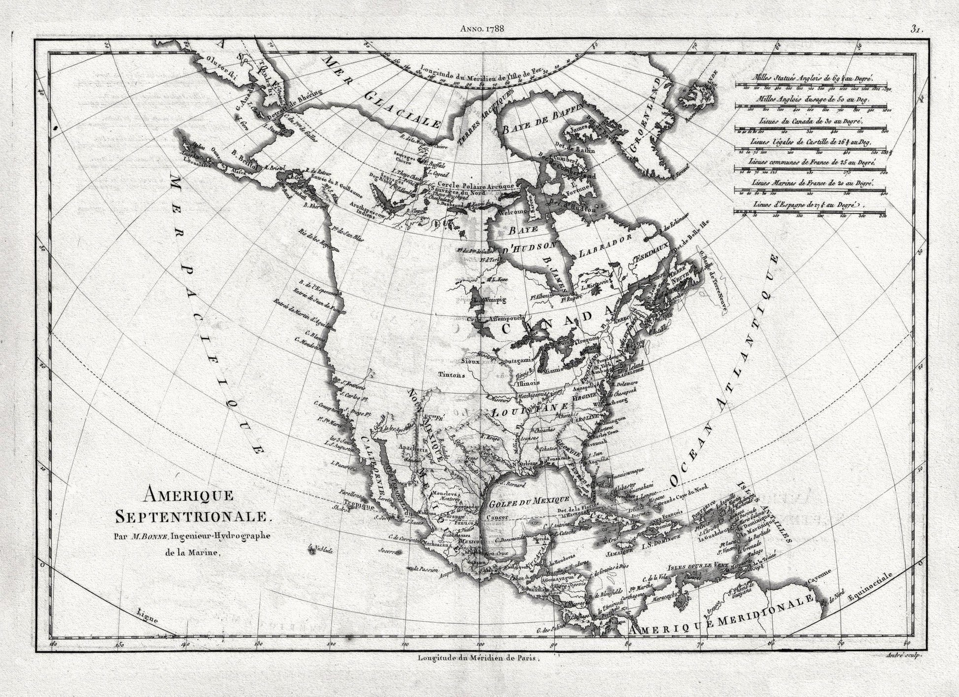 Bonne, Amérique septentrionale, 1788 , map on heavy cotton canvas, 22x27" approx. - The Map Chest