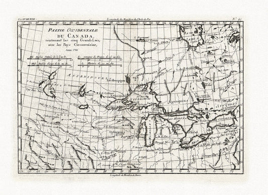 Bonne, Partie Occidentale du Canada, contenant les Cinq Grands Lacs, avec les pays circonvoisins, 1780, map on cotton canvas, 22x27" approx. - The Map Chest
