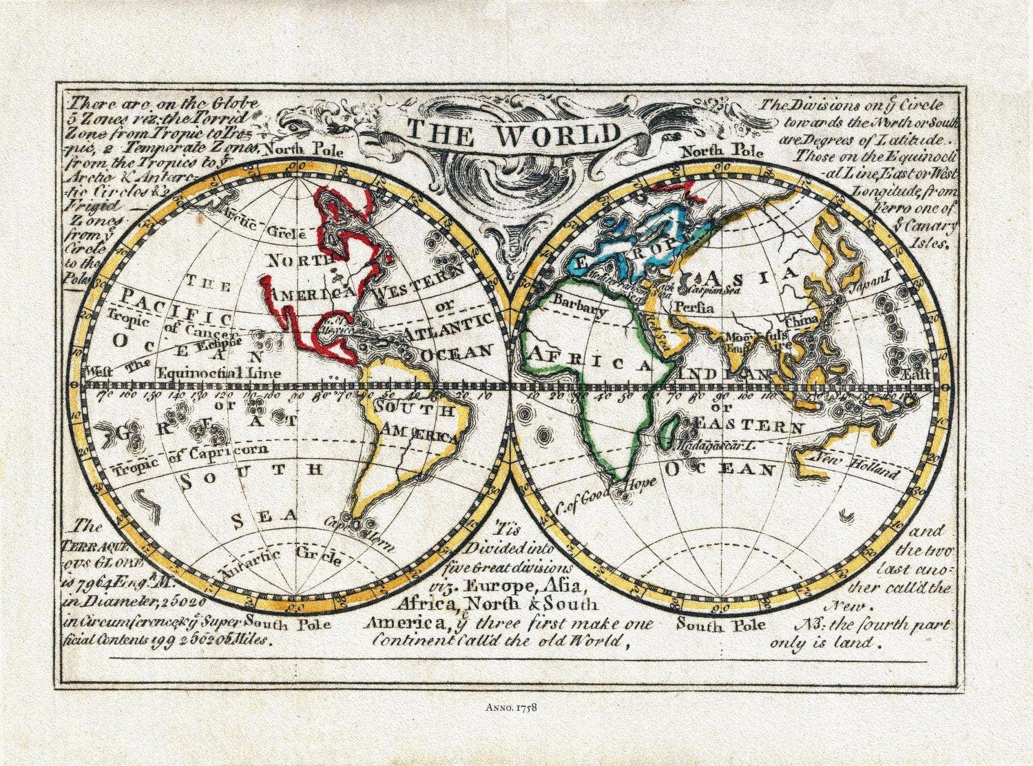 Bowen, The World, 1758, Map on heavy cotton canvas, 22x27in. approx. - The Map Chest