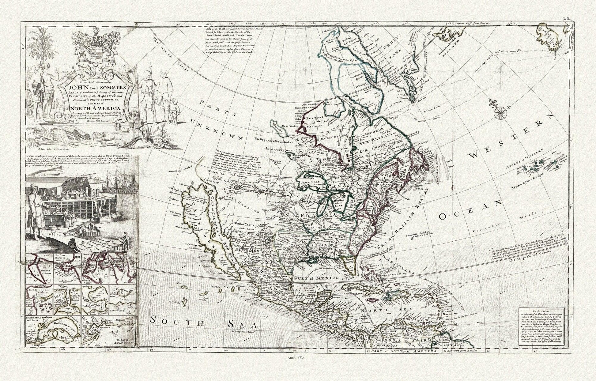 Bowles, Moll et Virtue, This map of North America, according to ye newest and most exact observations, 1712 , map on heavy canvas, 22x27" - The Map Chest