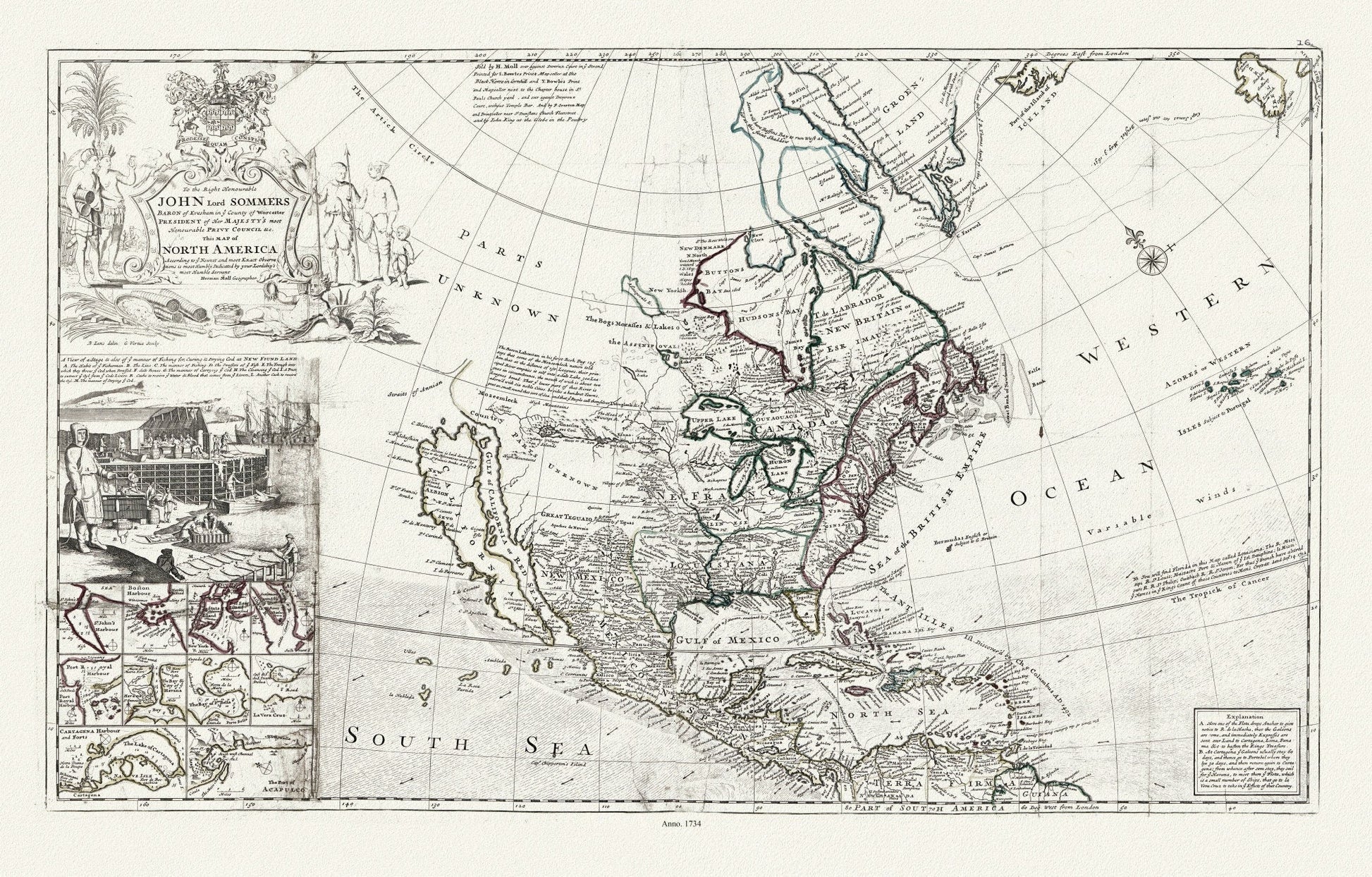 Bowles, This map of North America, according to ye newest and most exact observations, 1712 , map on heavy cotton canvas, 22x27" approx. - The Map Chest