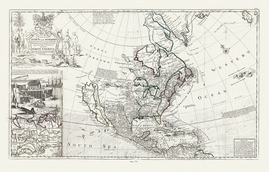 Bowles, This map of North America, according to ye newest and most exact observations, 1712 , map on heavy cotton canvas, 22x27" approx. - The Map Chest