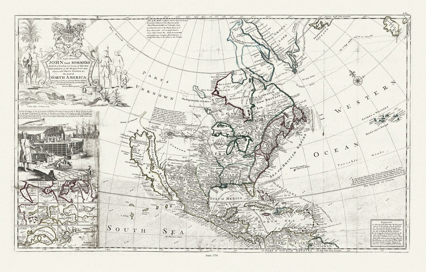 Bowles, This map of North America, according to ye newest and most exact observations, 1712 , map on heavy cotton canvas, 22x27" approx. - The Map Chest