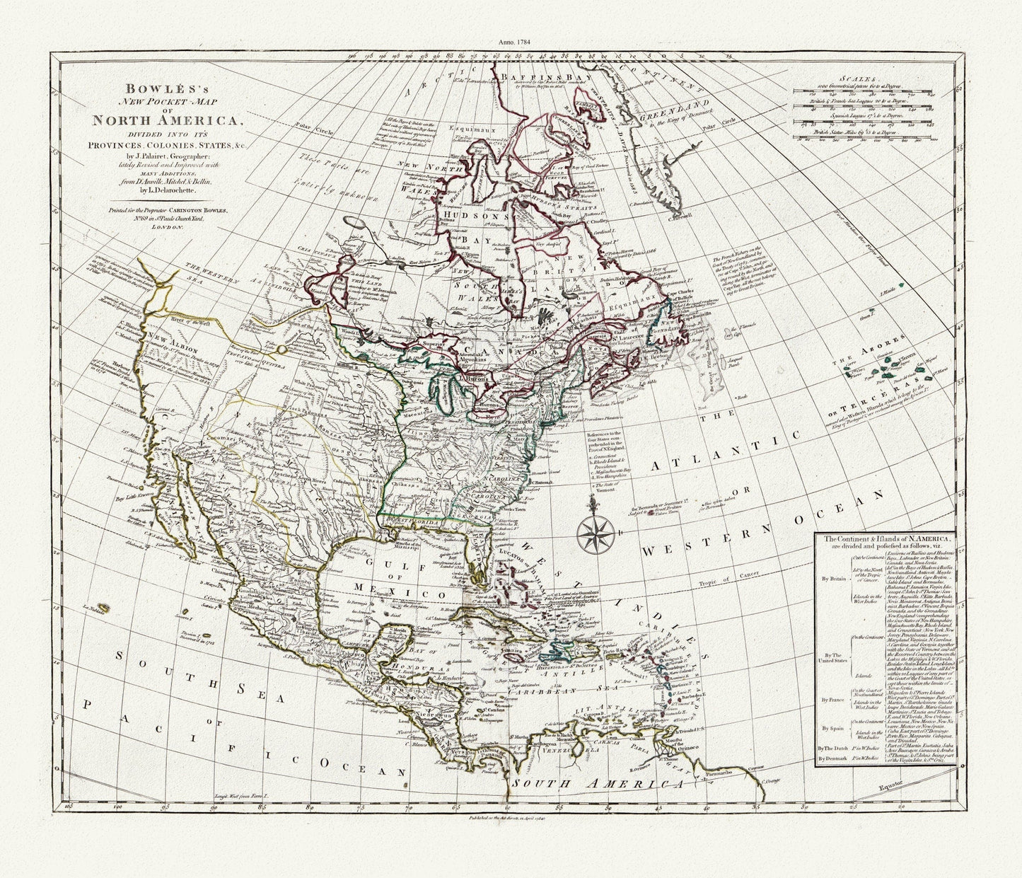 Bowles's new pocket map of North America, divided into it's provinces, colonies, states, &c.,1784 Ver.2 , on cotton canvas, 20 x 25" approx. - The Map Chest